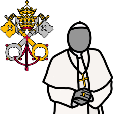 the Holy See's coat of arms (two crossed keys, tied together, with the Papal tiara above them). To the right, a generic light grey figure, dressed in simple Papal vestments: a white zucchetto skullcap, mozzetta, collar, cassock and sash cincture, along with a gold pectoral cross and ring.